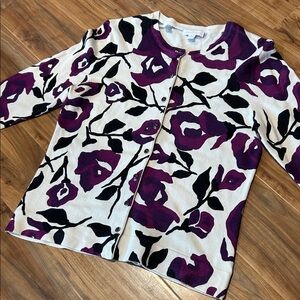 Charter Club Purple Black Floral Cardigan Classic Chic Office Layer Size M